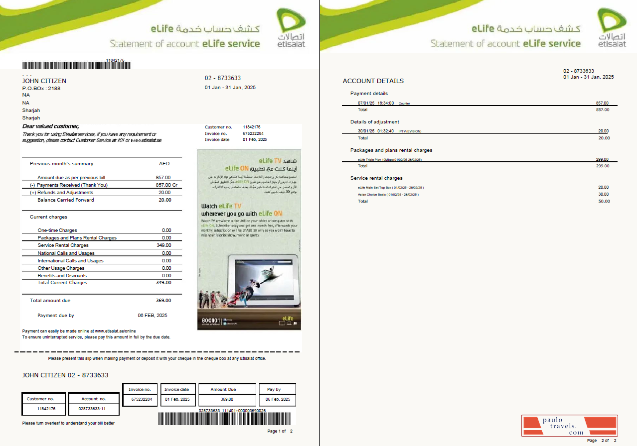 UAE Etisalat utility bill template in Word and PDF formats, 2 pages, version 2